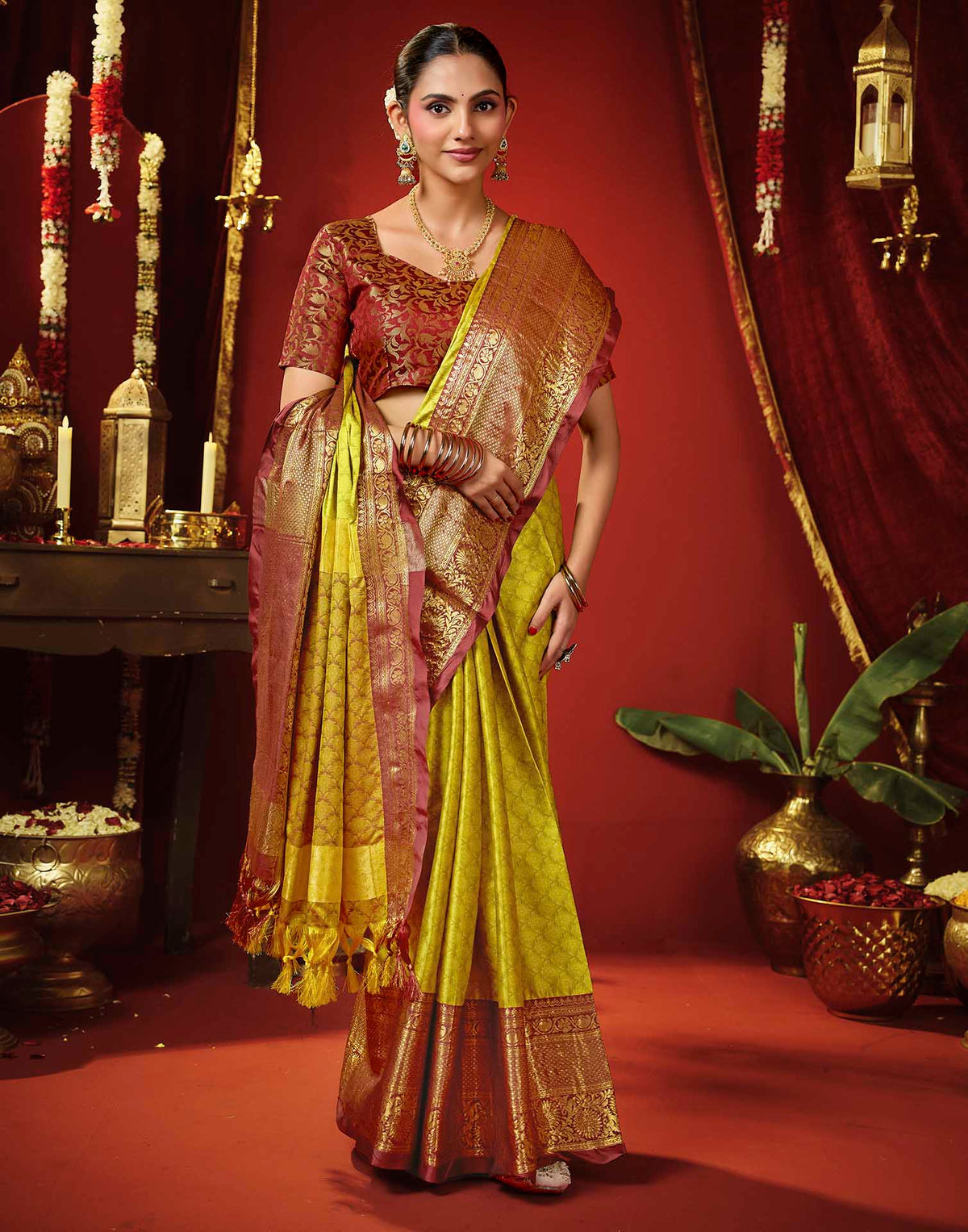 Lime Green Silk Woven Kanjivaram Saree