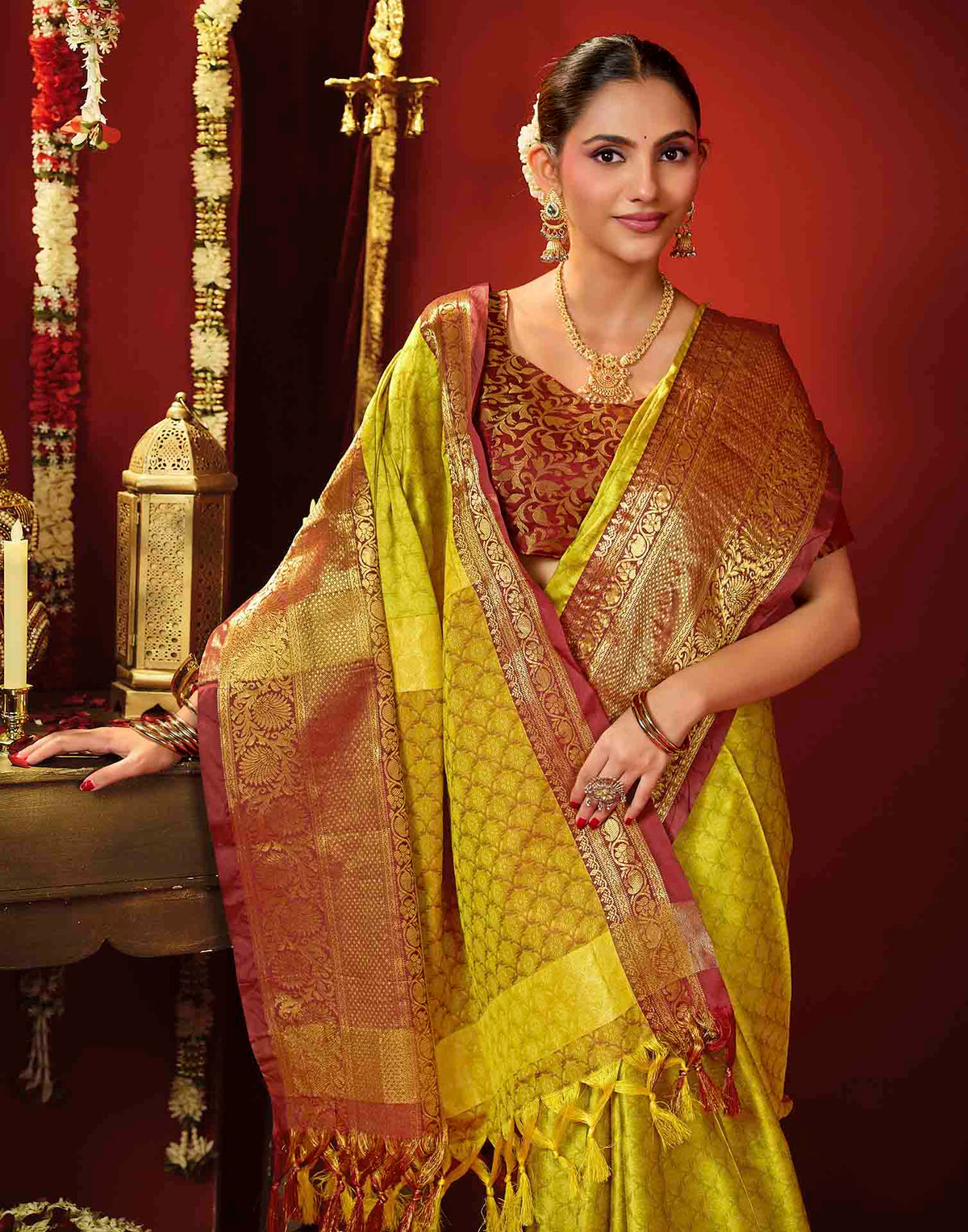 Lime Green Silk Woven Kanjivaram Saree