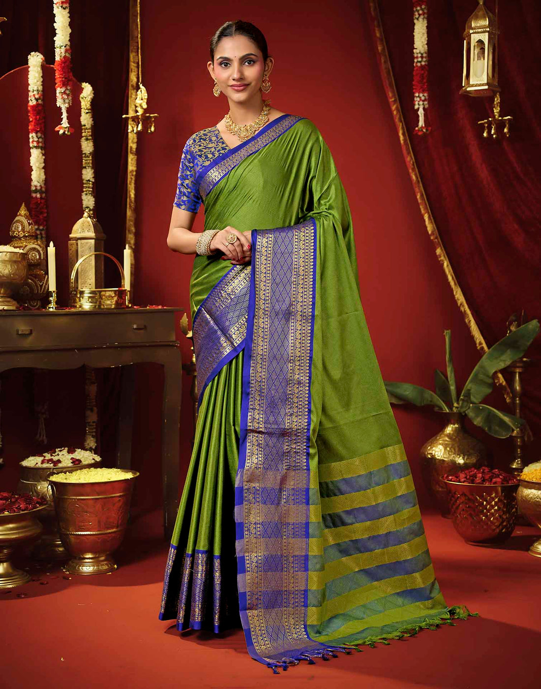 Moss Green Silk Woven Kanjivaram Saree