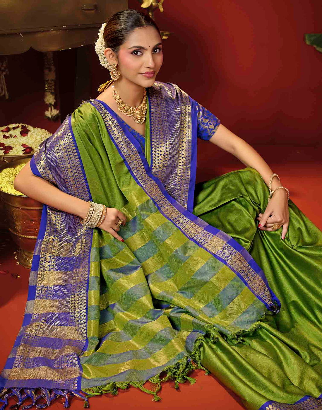 Moss Green Silk Woven Kanjivaram Saree