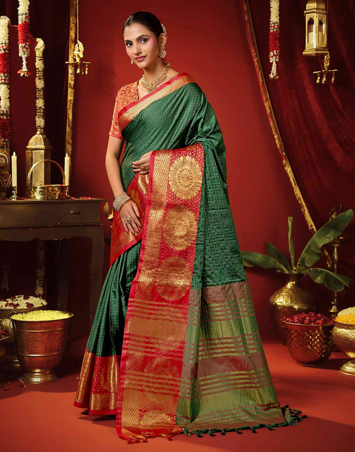 Dark Green Silk Woven Kanjivaram Saree