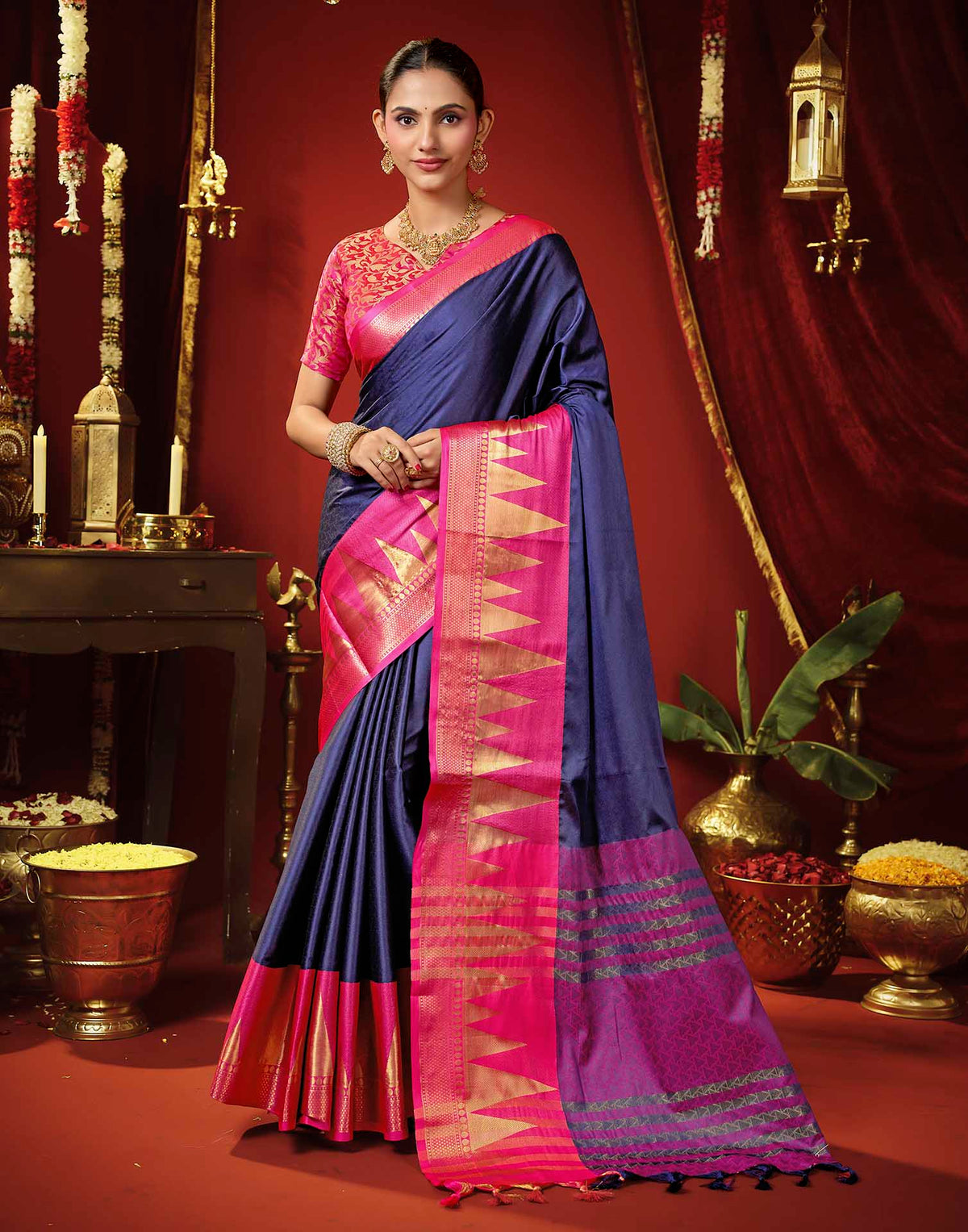 Navy Blue Silk Woven Kanjivaram Saree