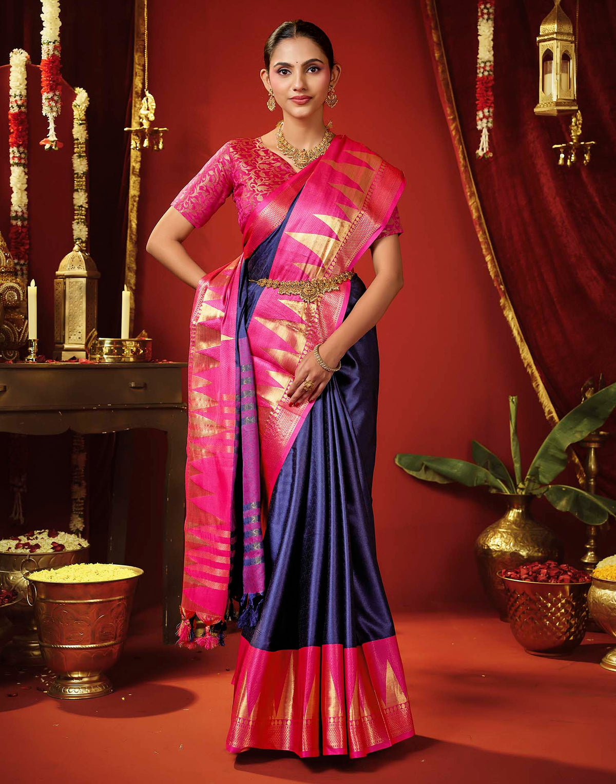 Navy Blue Silk Woven Kanjivaram Saree