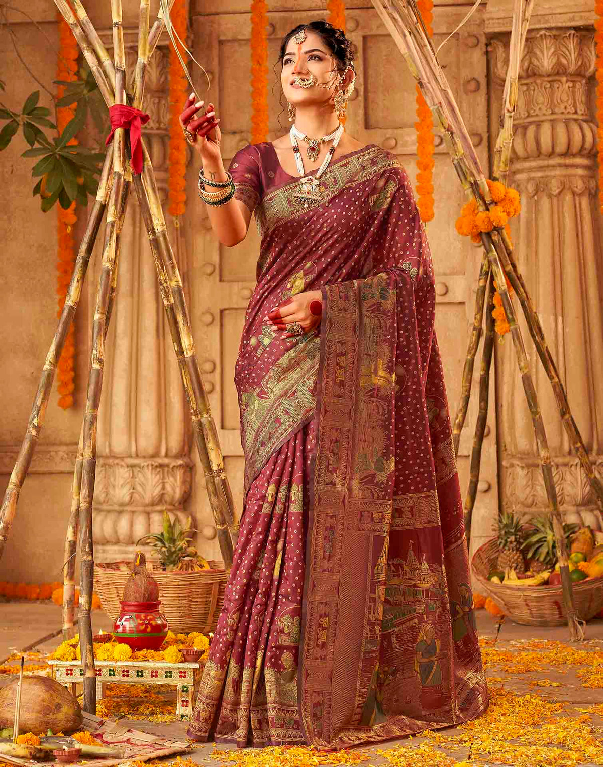 Chhath Maroon Silk Woven Banarasi Saree