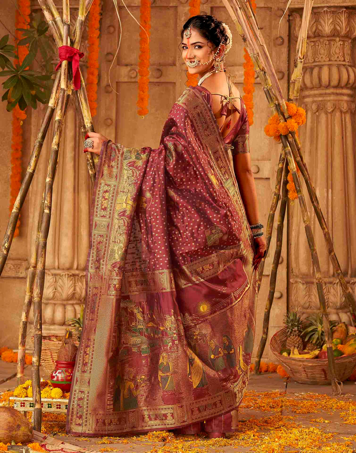 Chhath Maroon Silk Woven Banarasi Saree