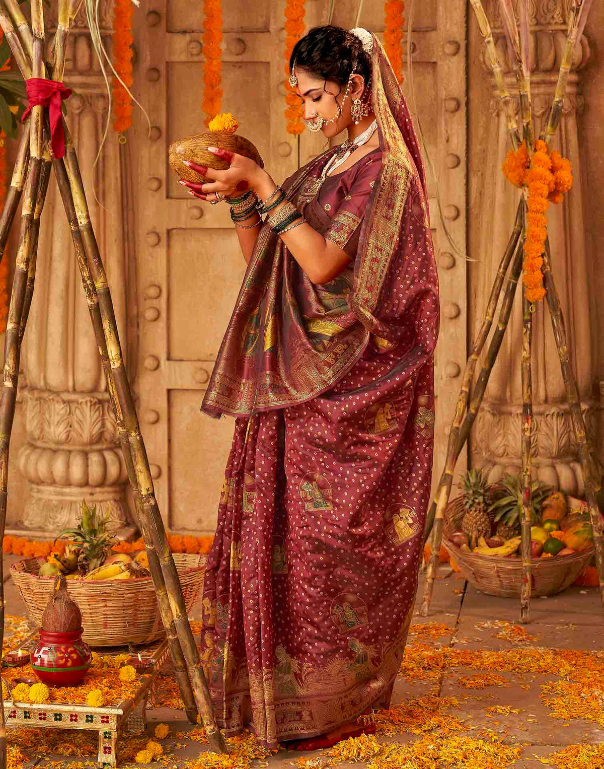 Chhath Maroon Silk Woven Banarasi Saree