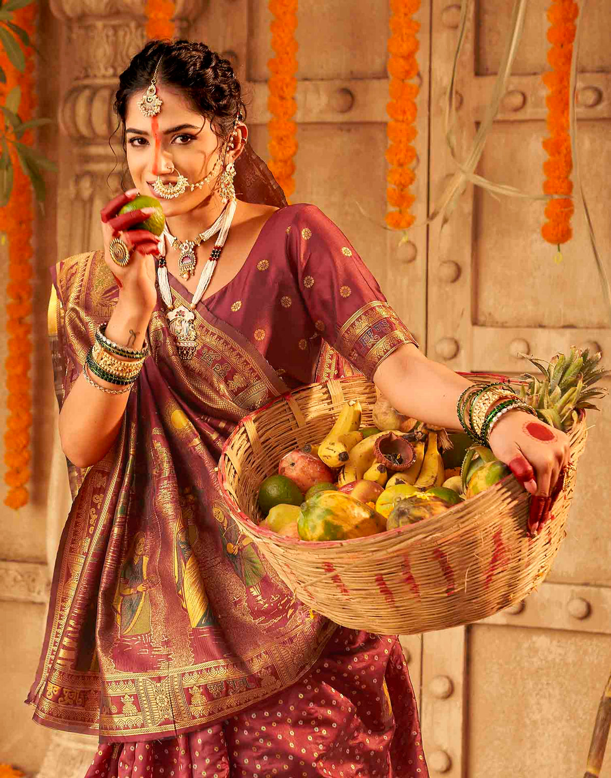 Chhath Maroon Silk Woven Banarasi Saree