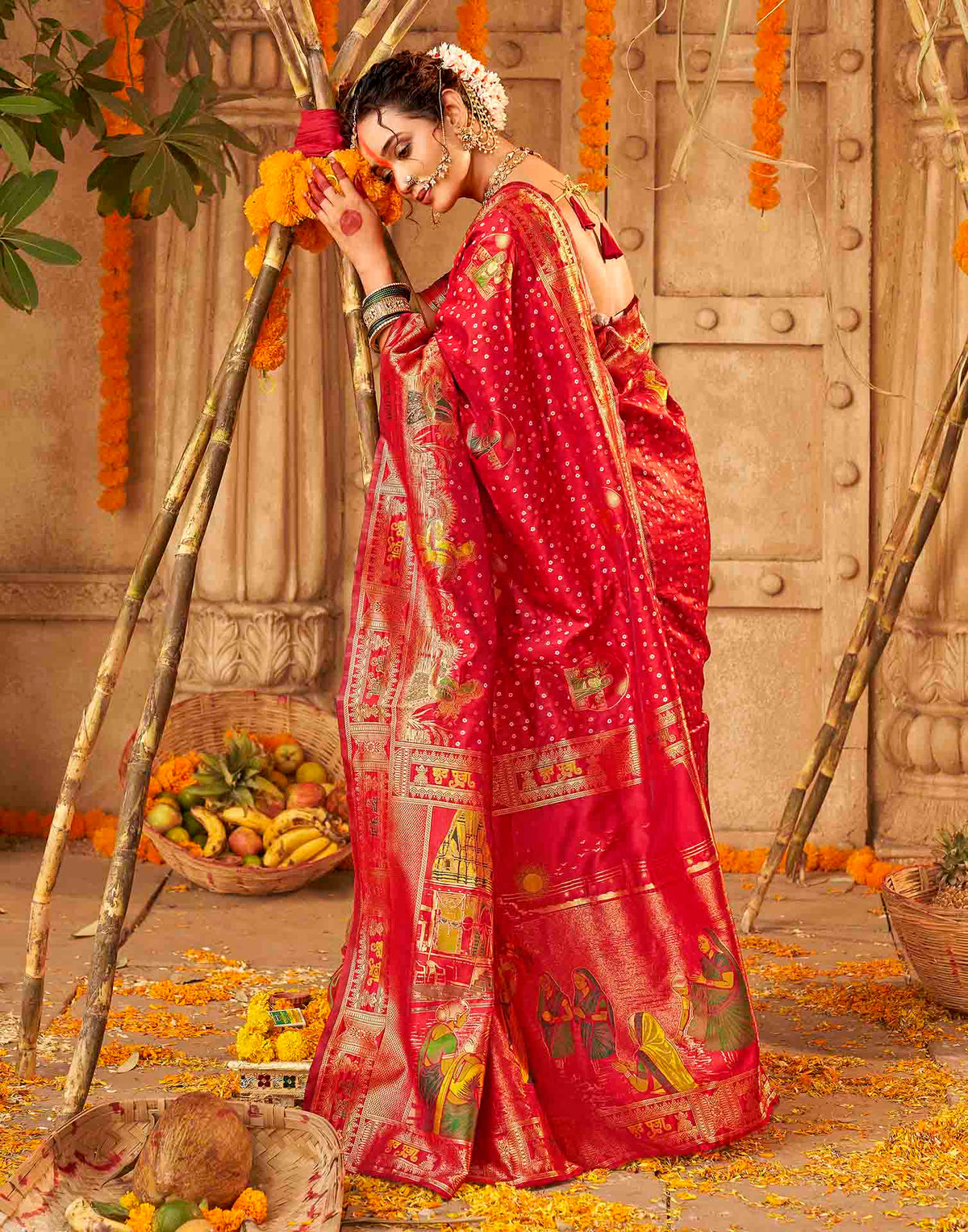 Chhath Red Silk Woven Banarasi Saree