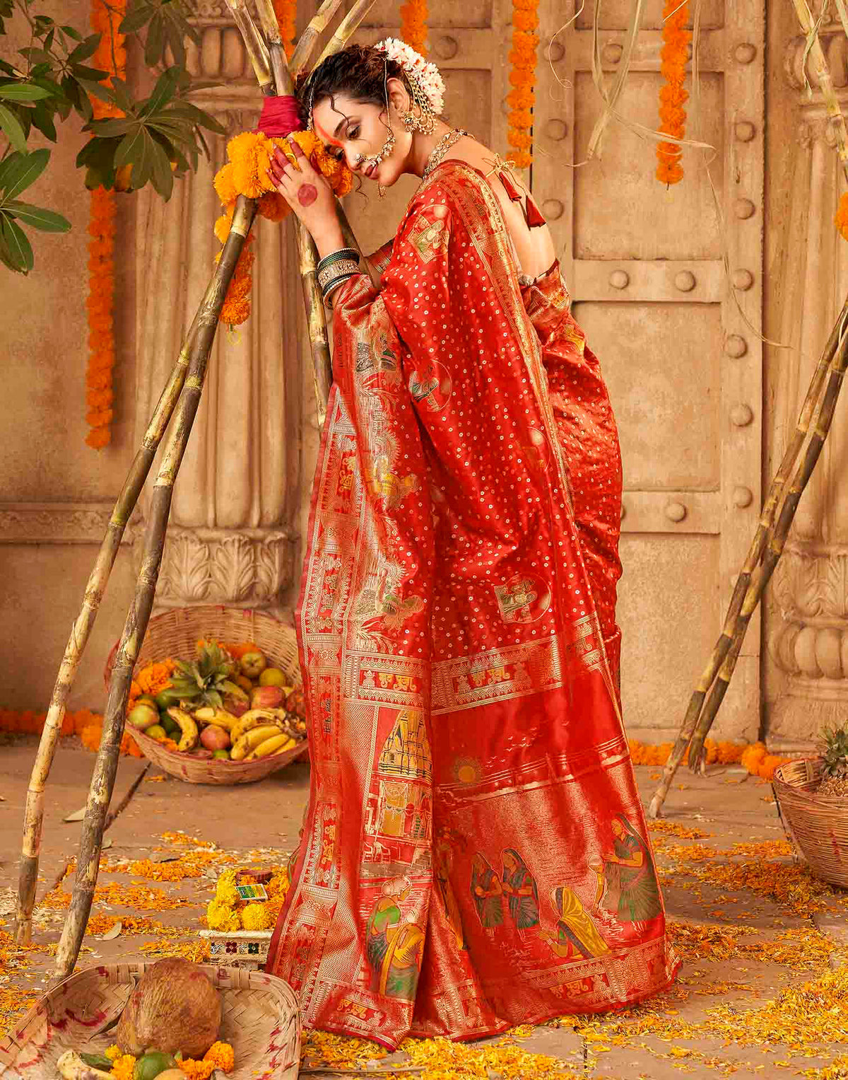 Chhath Red Silk Woven Banarasi Saree