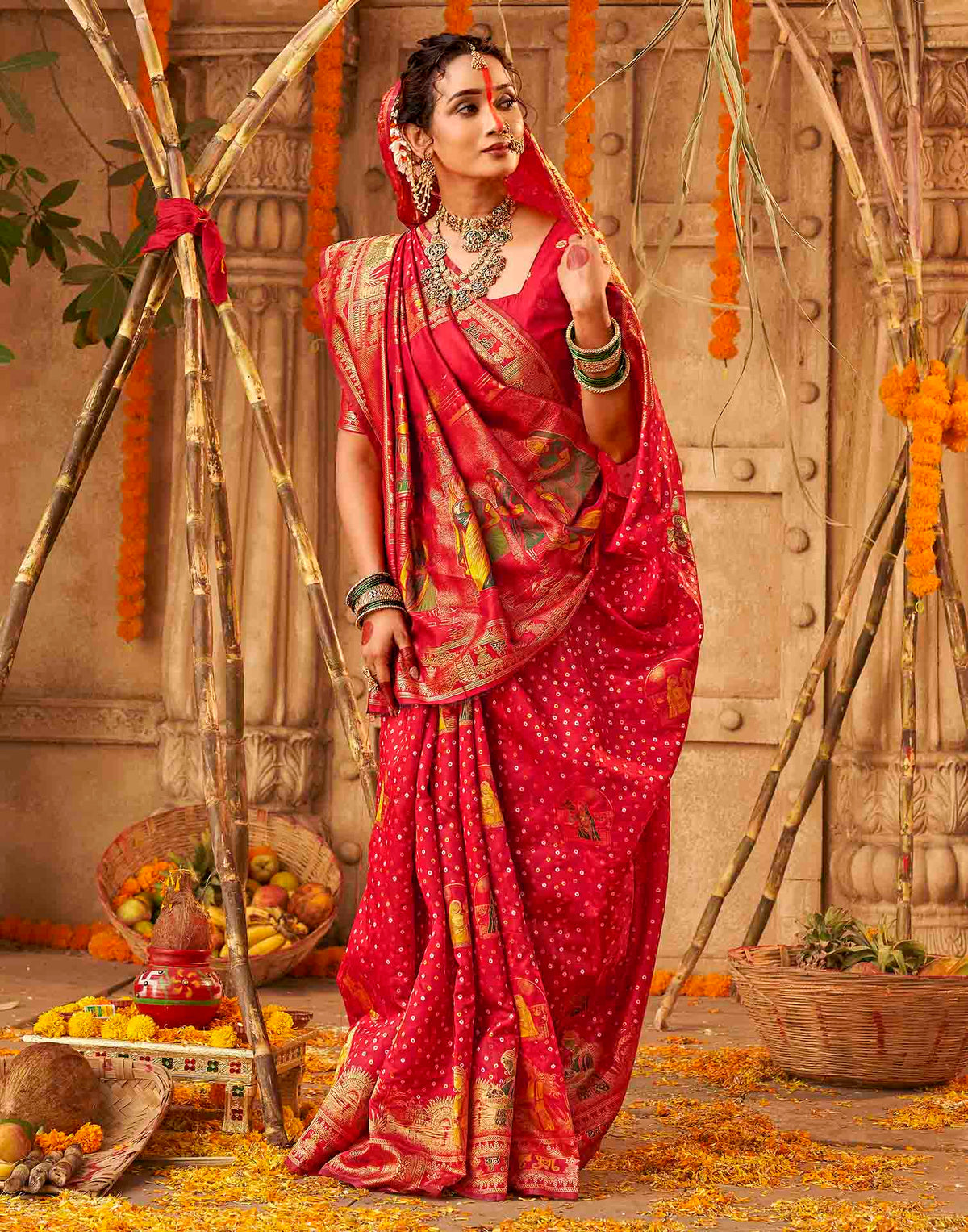 Chhath Red Silk Woven Banarasi Saree