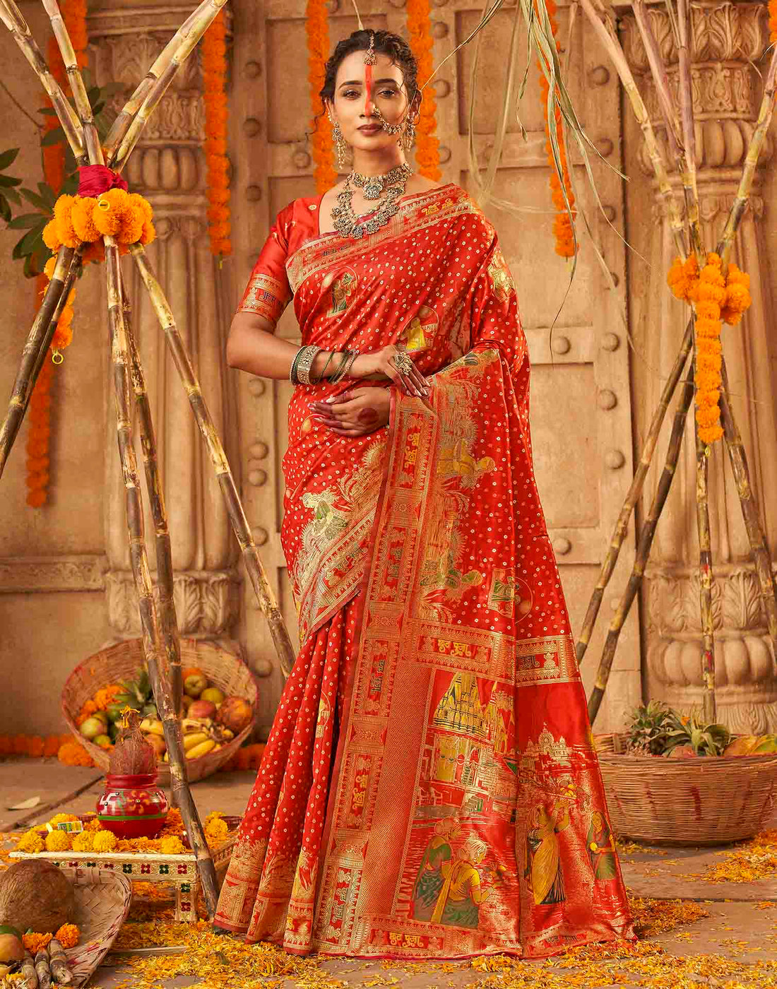 Chhath Red Silk Woven Banarasi Saree