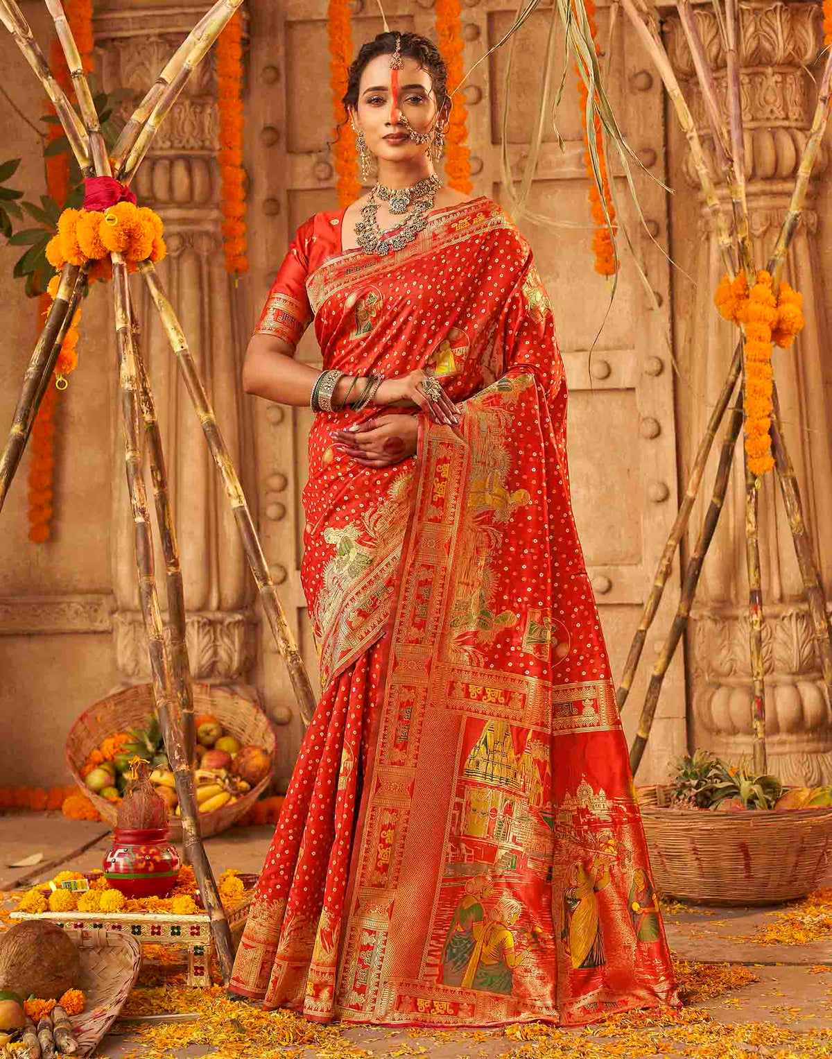 Chhath Red Silk Woven Banarasi Saree