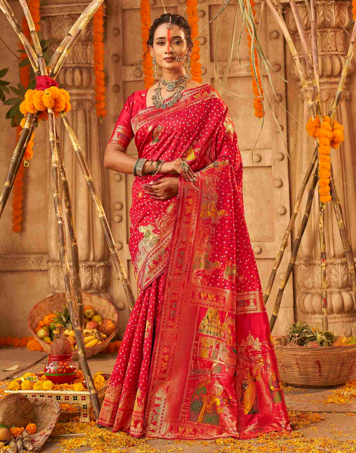 Chhath Red Silk Woven Banarasi Saree