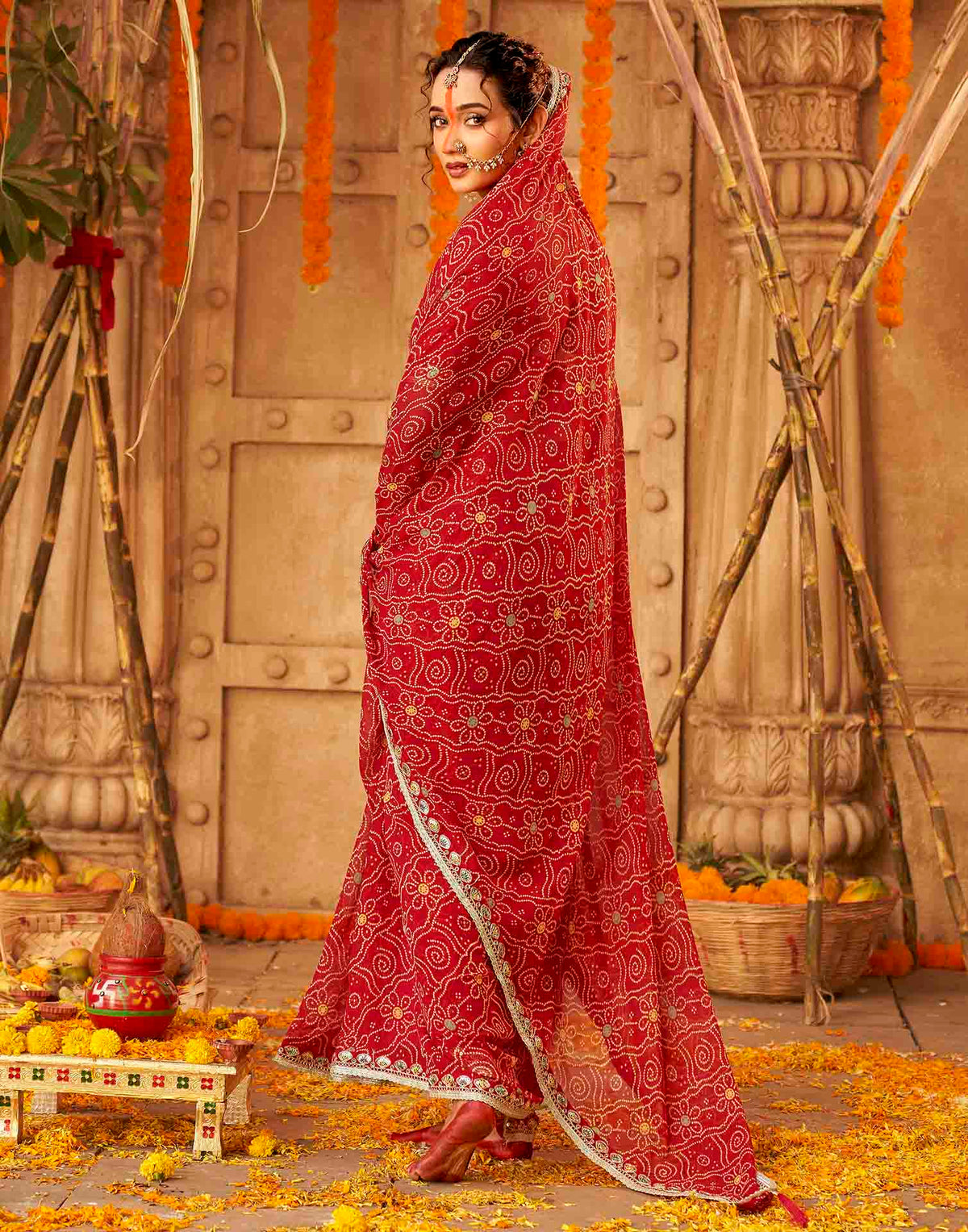Chhath Dark Red Georgette Printed Bandhani Saree