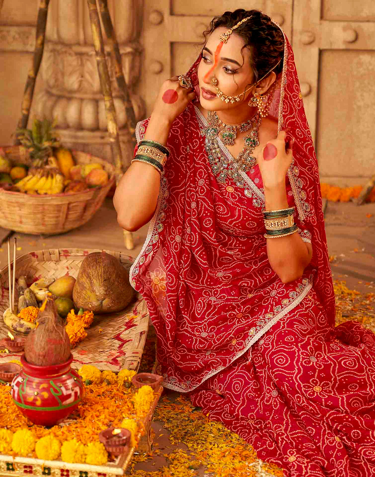 Chhath Dark Red Georgette Printed Bandhani Saree