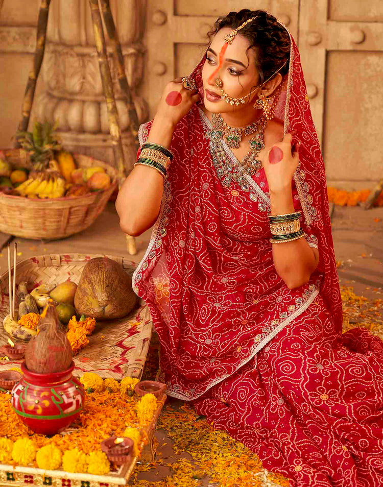 Chhath Dark Red Georgette Printed Bandhani Saree