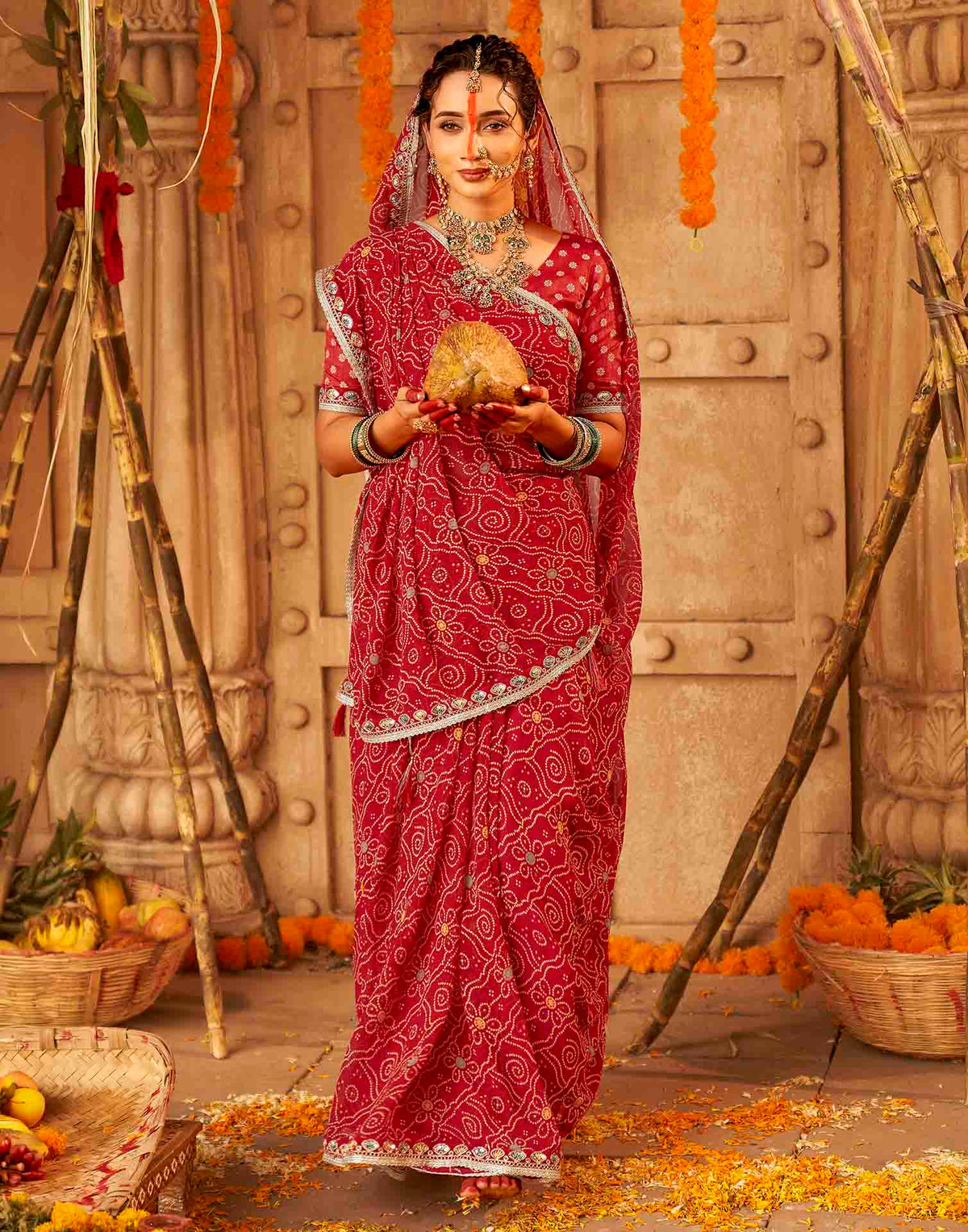 Chhath Dark Red Georgette Printed Bandhani Saree