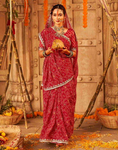 Chhath Dark Red Georgette Printed Bandhani Saree