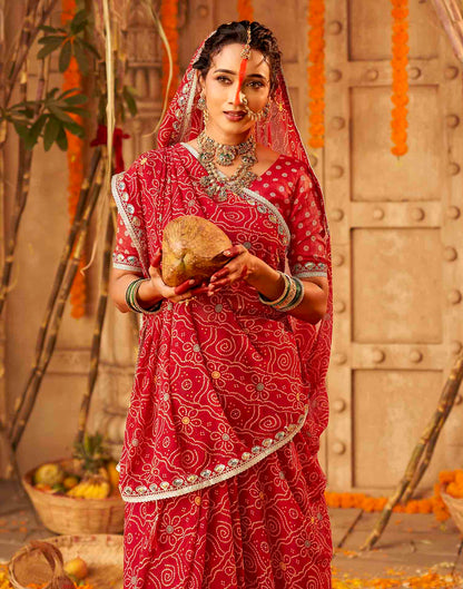 Chhath Dark Red Georgette Printed Bandhani Saree