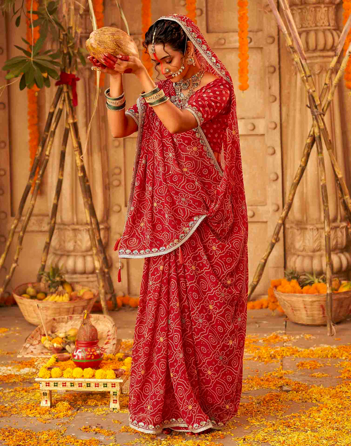 Chhath Dark Red Georgette Printed Bandhani Saree