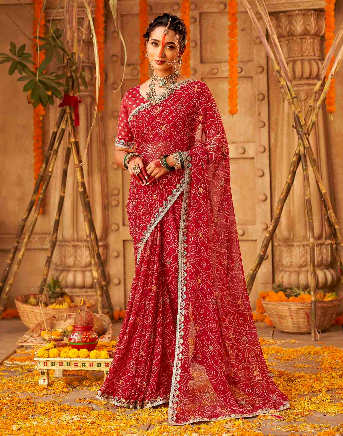 Chhath Dark Red Georgette Printed Bandhani Saree
