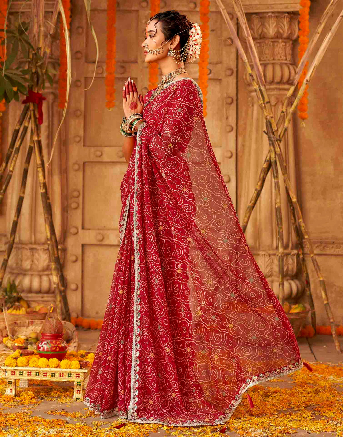 Chhath Dark Red Georgette Printed Bandhani Saree