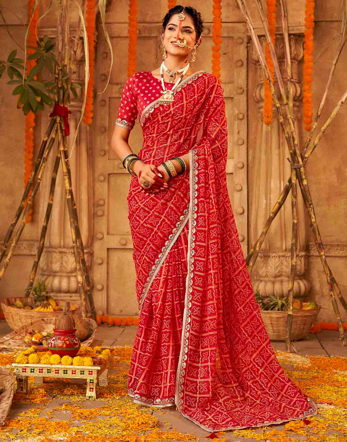 Chhath Dark Red Georgette Printed Bandhani Saree