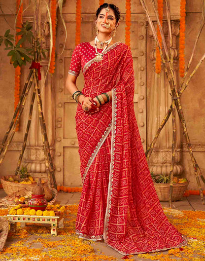 Chhath Dark Red Georgette Printed Bandhani Saree