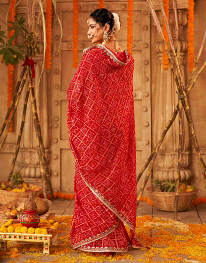Chhath Dark Red Georgette Printed Bandhani Saree