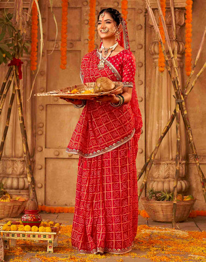 Chhath Dark Red Georgette Printed Bandhani Saree