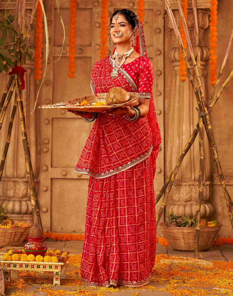 Chhath Dark Red Georgette Printed Bandhani Saree