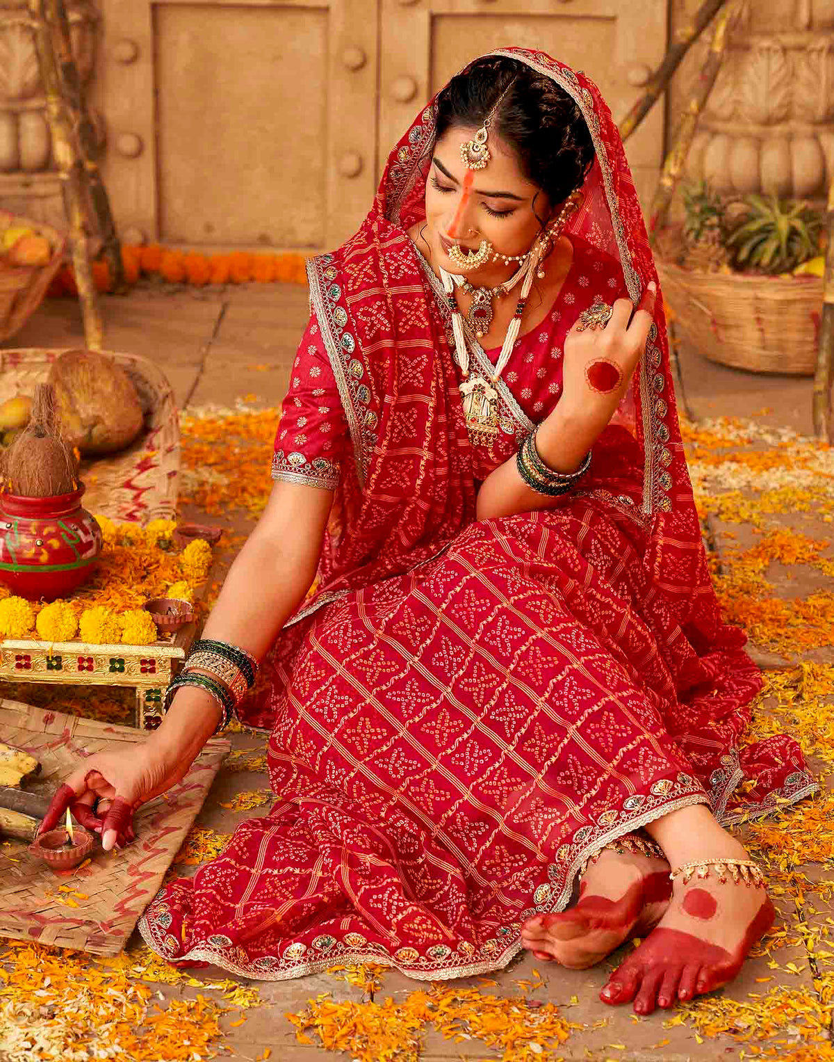 Chhath Dark Red Georgette Printed Bandhani Saree