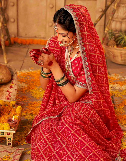 Chhath Dark Red Georgette Printed Bandhani Saree