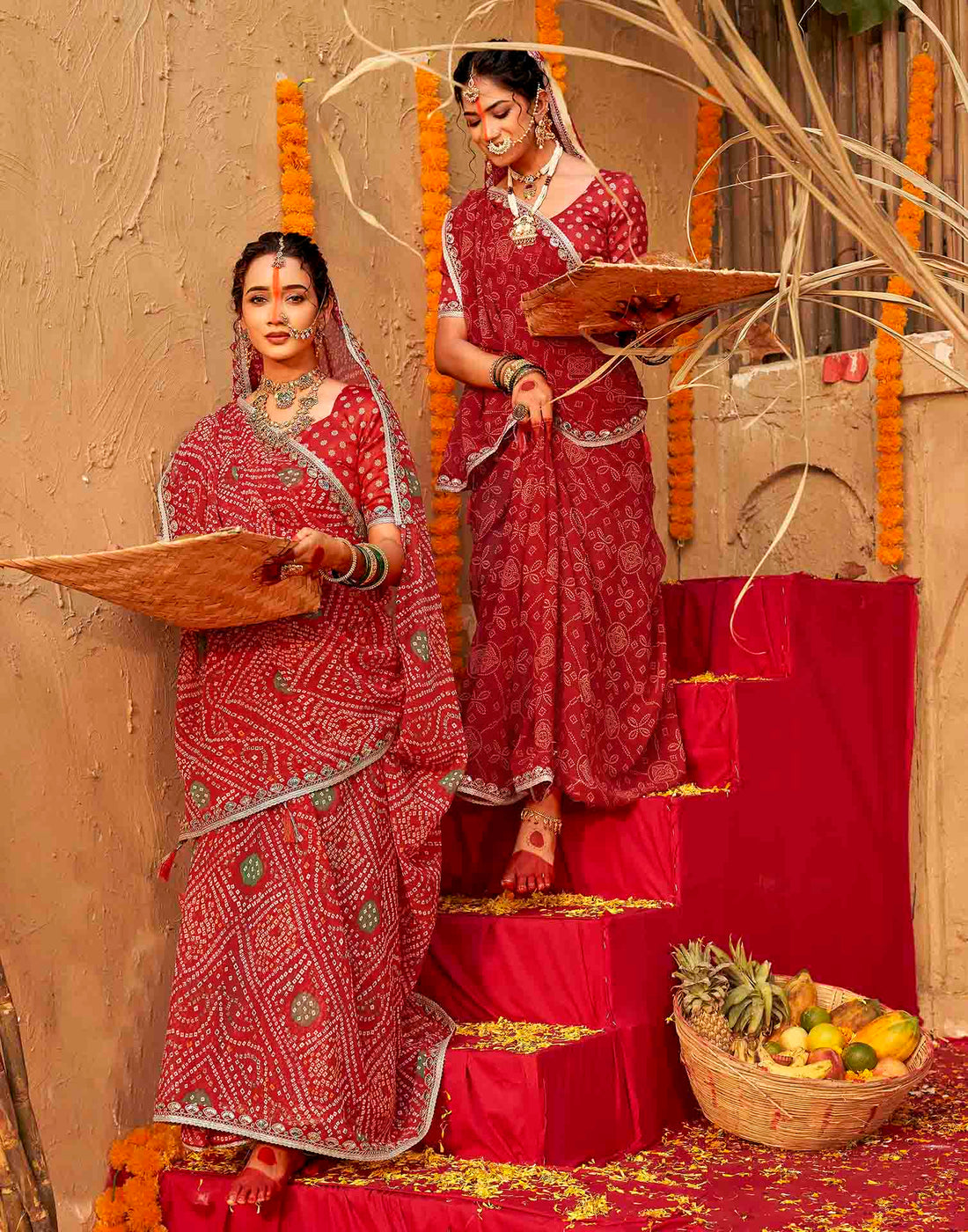 Chhath Dark Red Georgette Printed Bandhani Saree