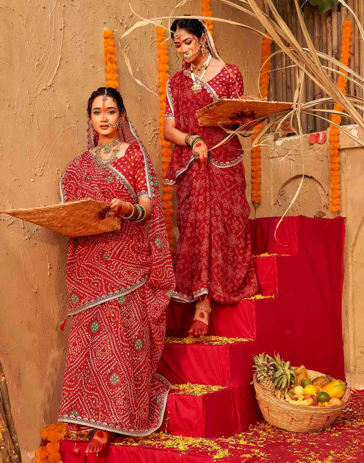 Chhath Dark Red Georgette Printed Bandhani Saree