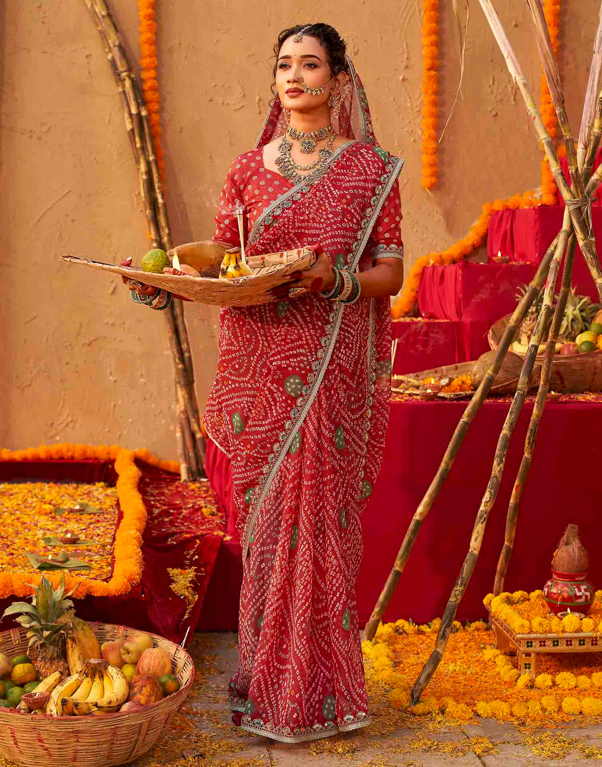 Chhath Dark Red Georgette Printed Bandhani Saree