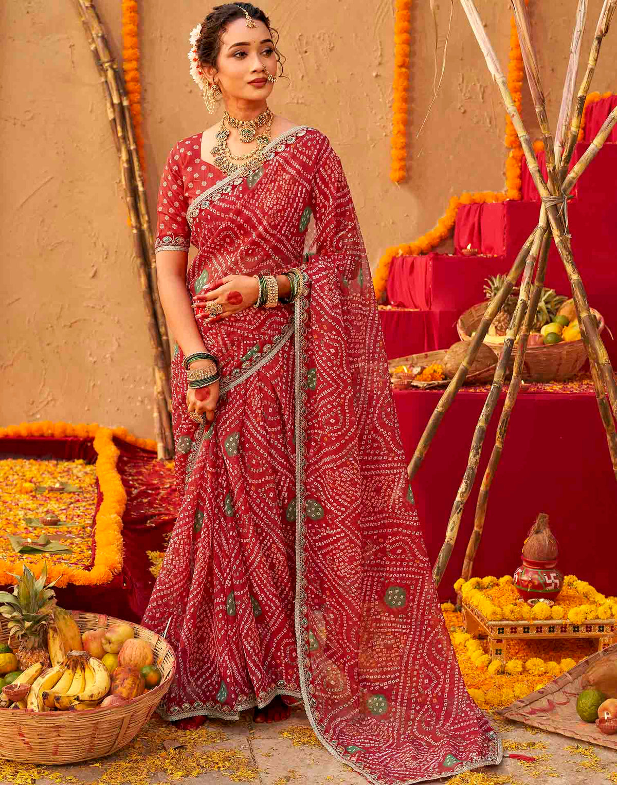 Chhath Dark Red Georgette Printed Bandhani Saree