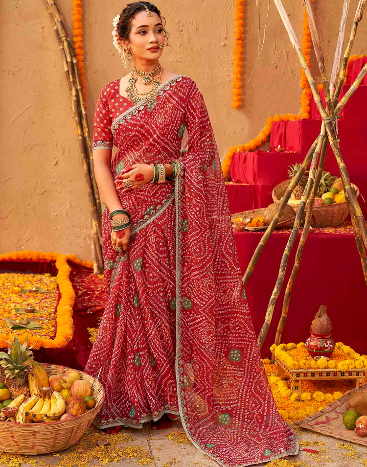 Chhath Dark Red Georgette Printed Bandhani Saree