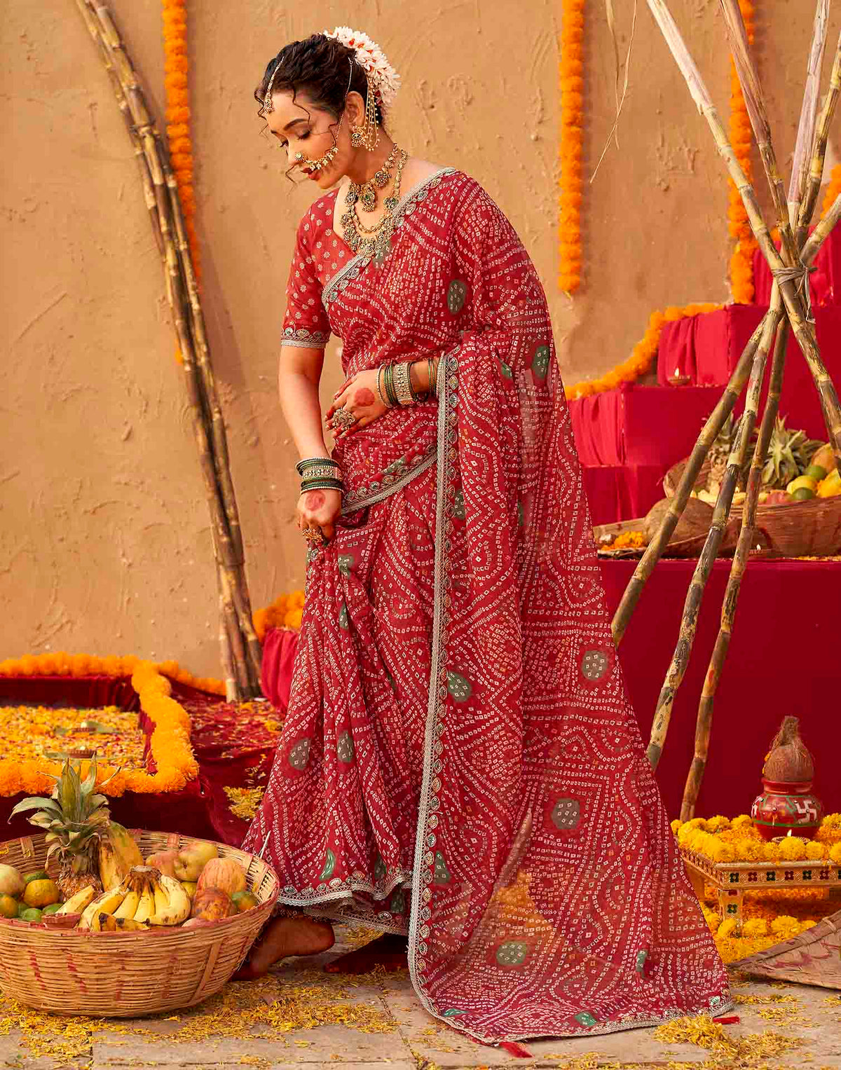 Chhath Dark Red Georgette Printed Bandhani Saree