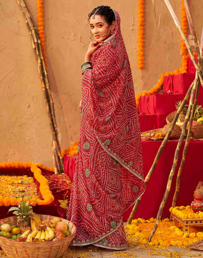Chhath Dark Red Georgette Printed Bandhani Saree