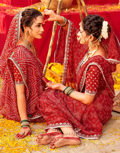 Chhath Dark Red Georgette Printed Bandhani Saree