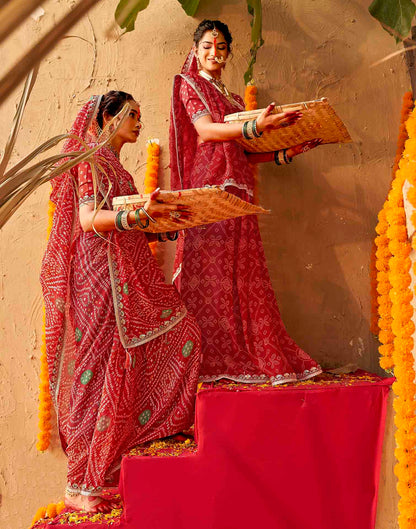 Chhath Dark Red Georgette Printed Bandhani Saree