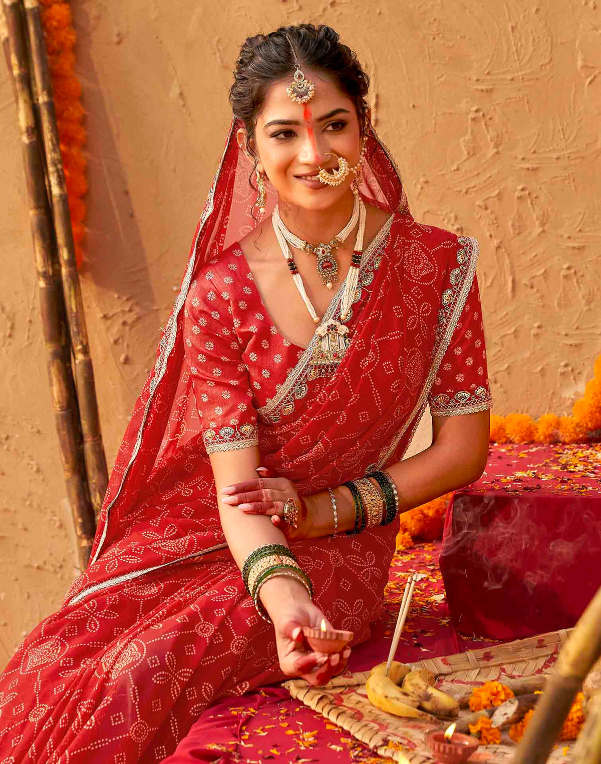 Chhath Dark Red Georgette Printed Bandhani Saree