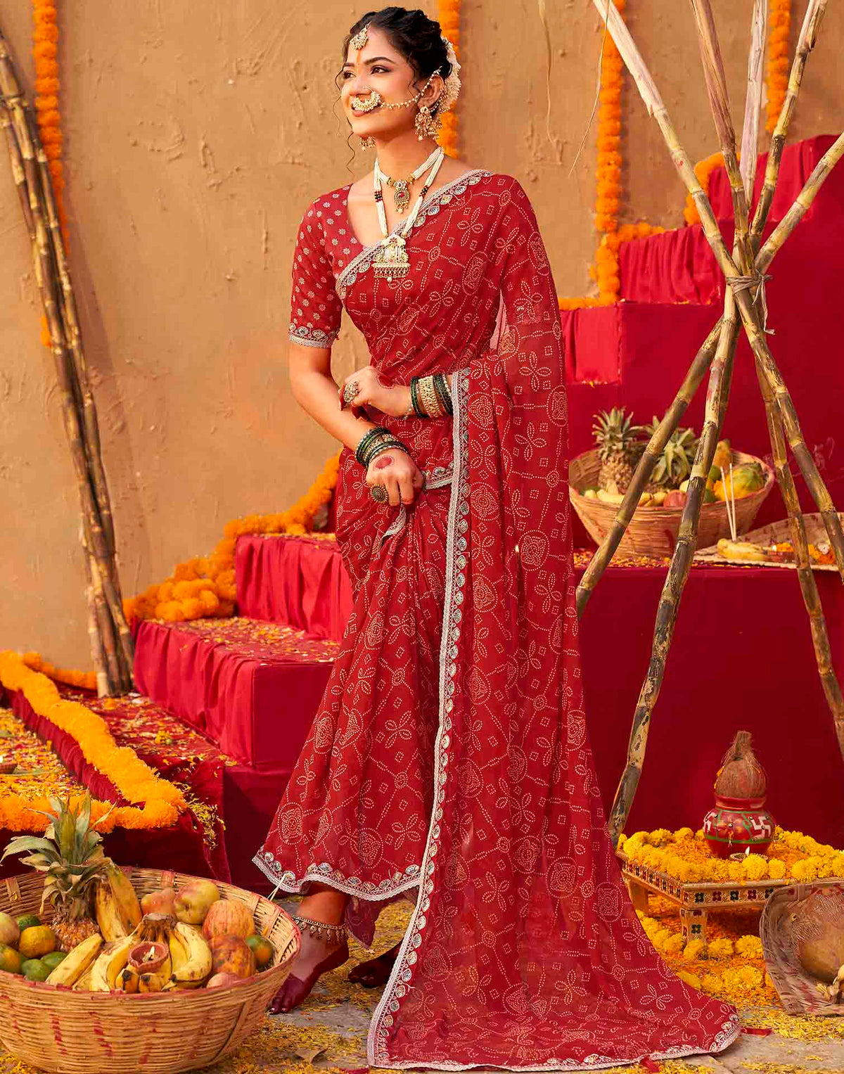 Chhath Dark Red Georgette Printed Bandhani Saree