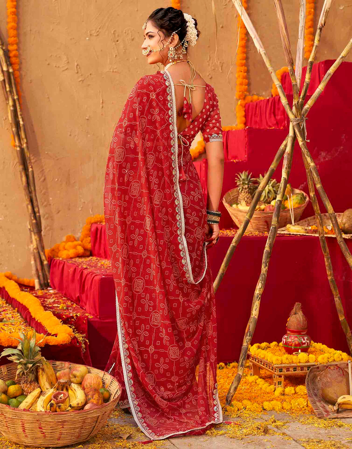Chhath Dark Red Georgette Printed Bandhani Saree