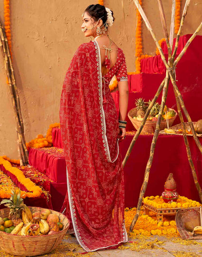 Chhath Dark Red Georgette Printed Bandhani Saree
