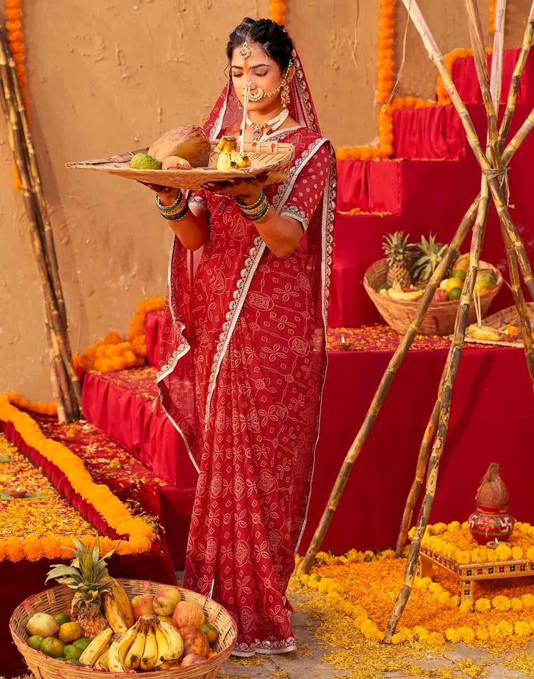 Chhath Dark Red Georgette Printed Bandhani Saree