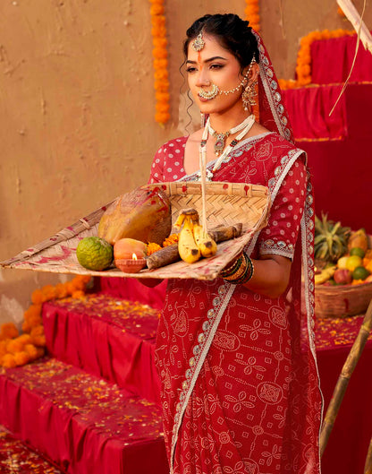 Chhath Dark Red Georgette Printed Bandhani Saree