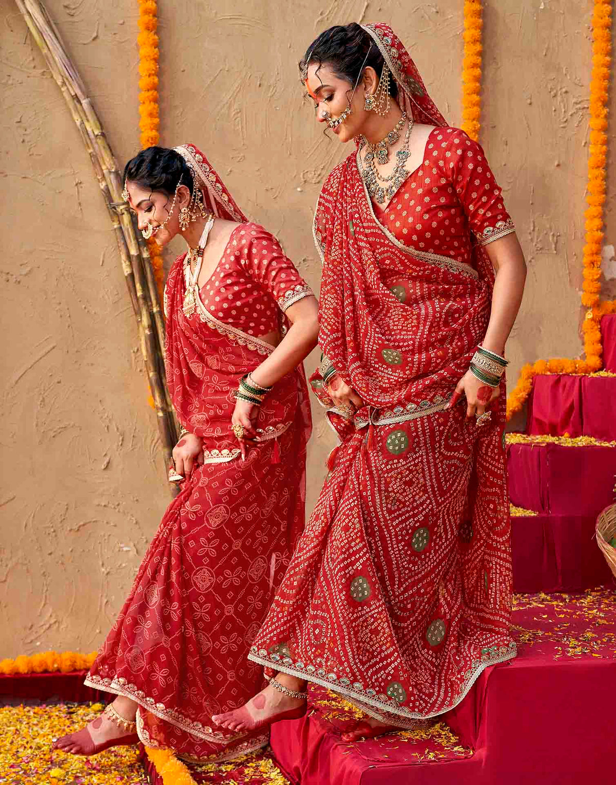 Chhath Dark Red Georgette Printed Bandhani Saree