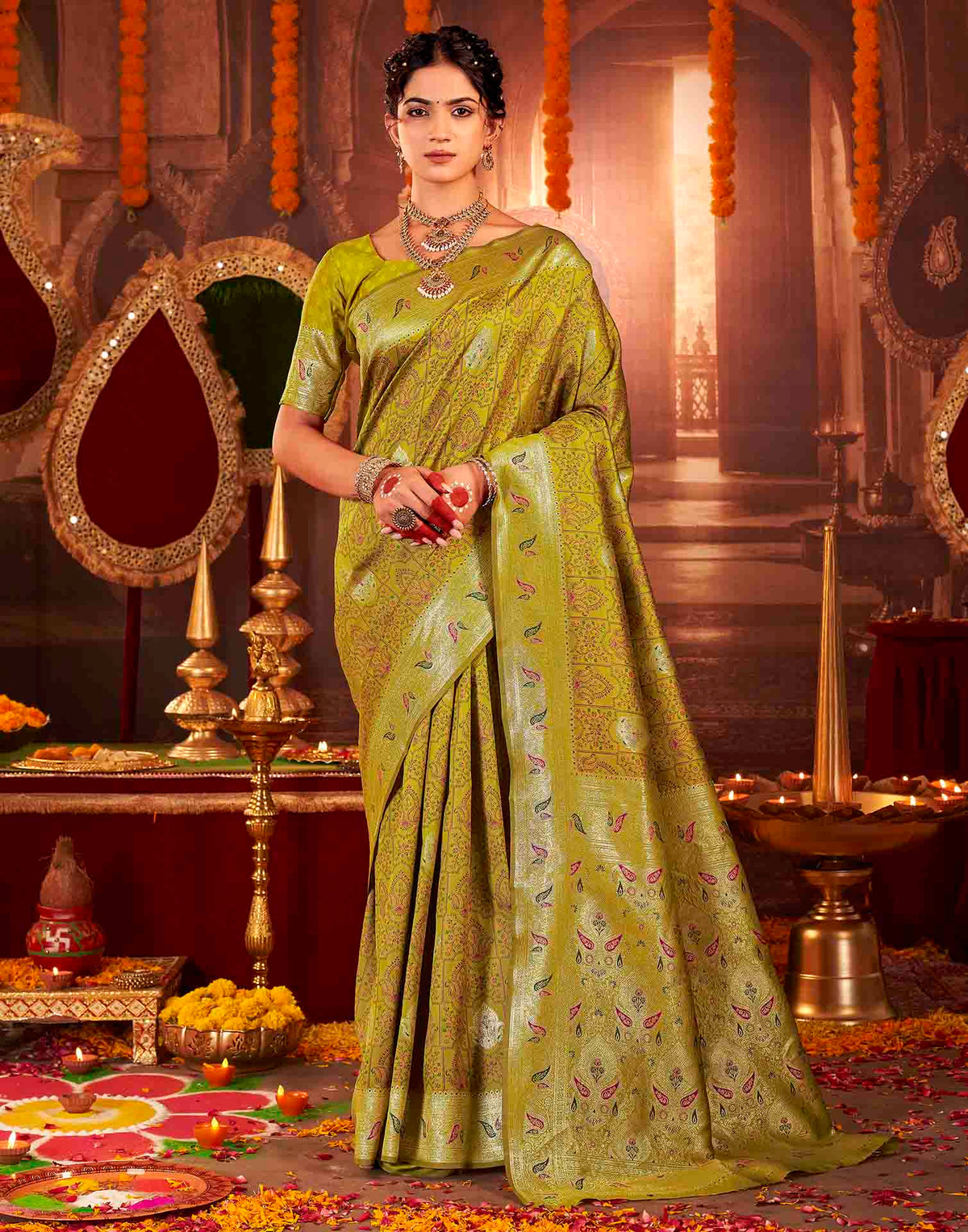 Mehandi Green Silk Woven Banarasi Saree